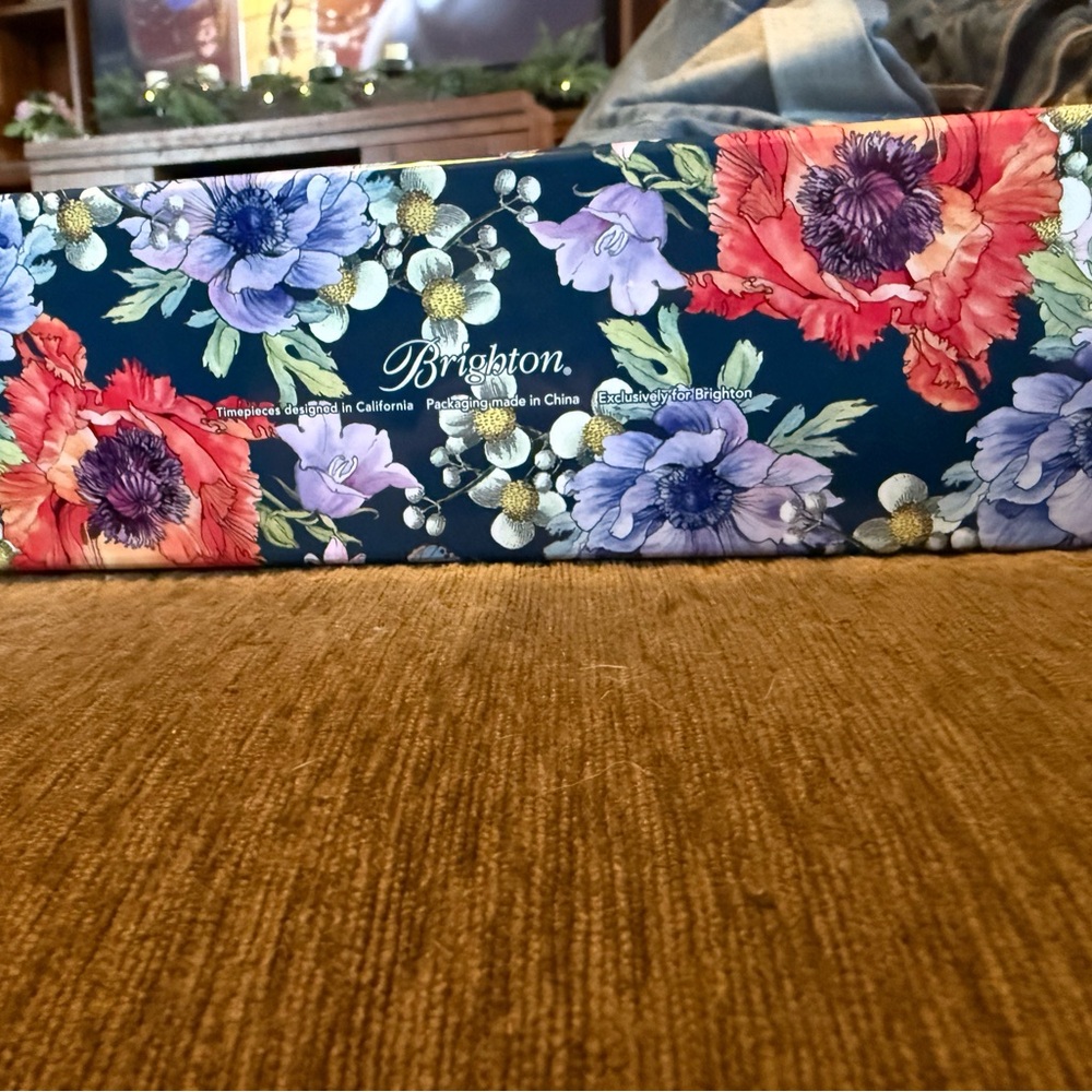 Brighton navy blue Floral Patterned tin Box with Red and Purple Accents